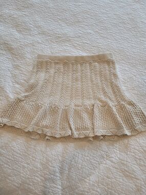 Freshman 1996 Sz L, Cream Cotton Delicate Crochet Ribbed Knit Flare Mini Skirt
